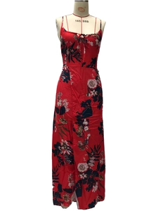Detail of V-neckline with bow knot on red floral print summer dress for women