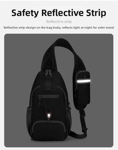 Detail of men's nylon waist bag showing safety reflective strips and breathable mesh back