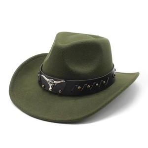 Close-up of olive green cowboy hat with leather band and silver bull head metal ornament