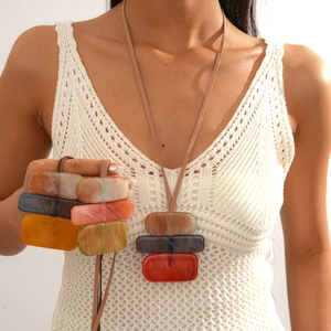 Geometric Acrylic Block Long Necklace Bohemian Style Sweater Chain Adjustable Cord For Women Fashion Accessory