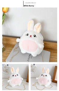 Detail view of a white plush rabbit shoulder bag with a gold chain and soft fabric texture