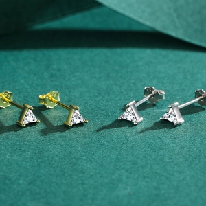 Minimalist S925 sterling silver triangle stud earrings with shiny zircons in gold and silver