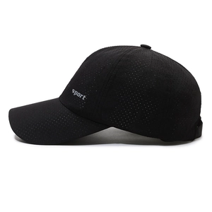 Lightweight breathable quick-dry black baseball cap with perforated mesh and sport text