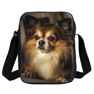 Black crossbody bag with 3D long-haired Chihuahua print for kids and students