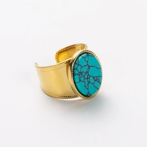 Vintage gold-plated wide band ring with large oval turquoise stone in bohemian style