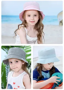 Detailed views of kids quick-dry sun hats in pink, gray and light blue colors
