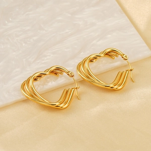 Three-layer twisted heart hoop earrings in 18K gold plated minimalist stainless steel
