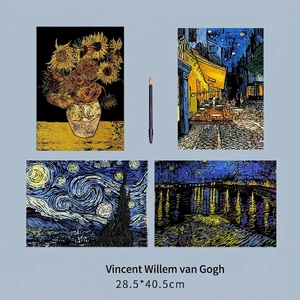 Set of 4 Vincent van Gogh scratch art posters including Sunflowers and Starry Night
