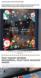 Detailed Christmas window stickers with Santa, snowman and reindeer on glass display