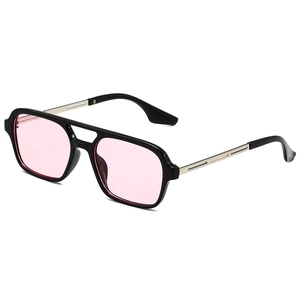 Retro square aviator sunglasses with black double bridge frame and pink lenses