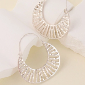 Silver crescent moon hollow hoop earrings with vertical stripe pattern on stone