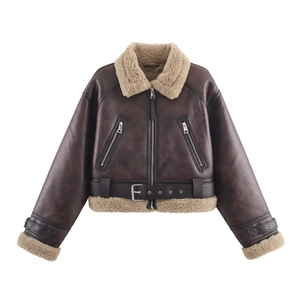 Deep brown faux leather bomber jacket with beige shearling trim on a clean white background