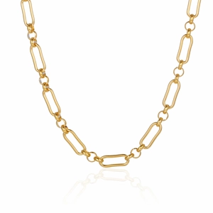 Modern gold paperclip link necklace for men and women with reflective studio lighting