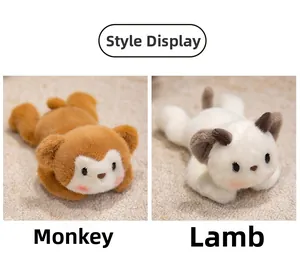 Detailed close-up of cute plush sheep and monkey dolls with soft long fur and pink blush