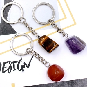 Natural tiger eye, amethyst, and red agate raw stone keychains with silver alloy rings