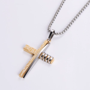Hip hop stainless steel necklace with punk crack pattern cross pendant in gold and silver