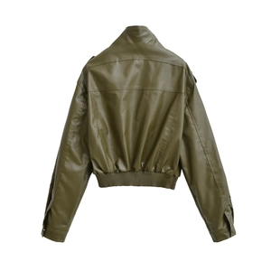 Back view of army green faux leather jacket with shoulder straps and elastic waist hem