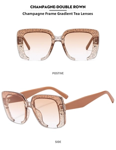 Detail von champagnerfarbenem Glitzergestell und braunen Verlaufsgläsern der Sonnenbrille