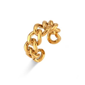 Polished gold cuban link chain ring made of stainless steel on a white background