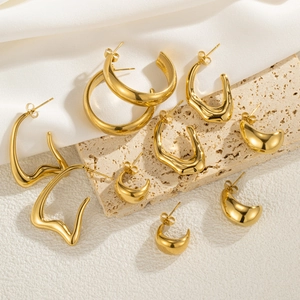 Geometric Hoop Stud Earrings 18K Gold Plated Stainless Steel Vintage Minimalist Chunky C Shape For Women