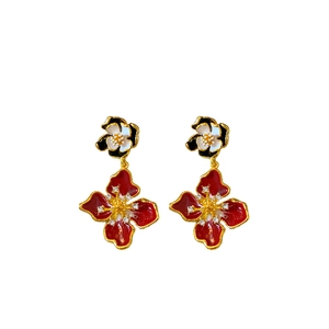 Elegant French retro enamel flower drop earrings with sparkling crystals and gold finish