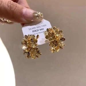 Goldene Blumen Cluster Ohrstecker Mit 925 Sterling Silber Ohrstecker C-Form Französischer Vintage Eleganter Schmuck Für Damen