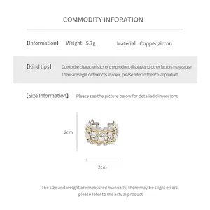 Size guide for zircon lace hollow ring showing 5.7g weight and 2cm by 2cm dimensions