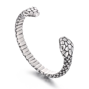 Vintage punk double snake head open bangle with engraved scale texture in antique silver