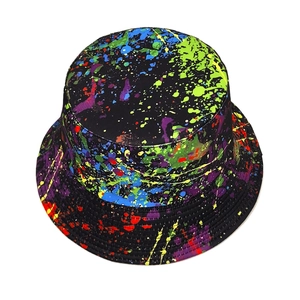 Reversible paint splatter bucket hat for men and women featuring vibrant colorful graffiti design