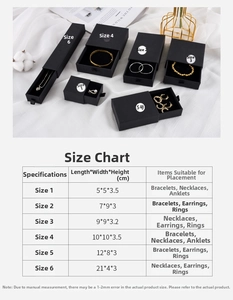 Detailed size chart for jewelry drawer boxes showing dimensions for rings and necklaces