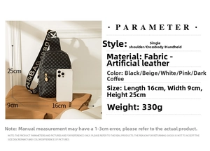Detailed size comparison of the grey checkered chest bag with smartphone and dimensions