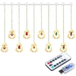 LED Christmas curtain lights with Santa ornaments and USB remote control on white background