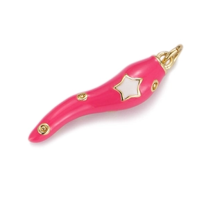 Close-up of pink cornicello pendant with white star inlay and 18K gold plated metal