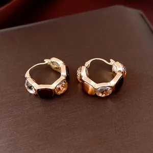 Vintage style square gold earrings with amber gemstones and diamond-like crystals