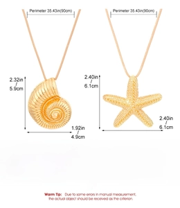 Detail view of large alloy starfish and seashell pendants with dimensions on 90cm rope chain