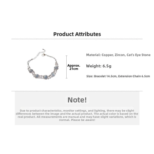 Vue détaillée d'un bracelet en argent avec zircon, fleur d'opale et dimensions techniques