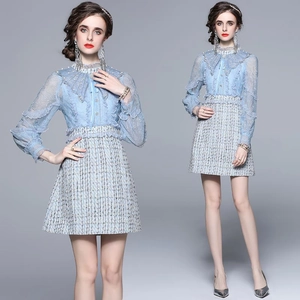 Blue Lace Tweed Patchwork Long Sleeve Dress Ruffle Stand Collar Artificial Pearl Beaded Elegant Slim Fit Mini Dress For Women