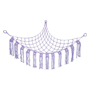 Purple triangular woven toy hammock with decorative tassels and light wooden beads