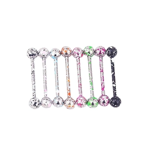 Set of 8 colorful paint-splattered stainless steel tongue rings on a white background