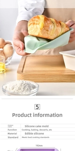 Detail view of fresh bread being removed from a light green silicone rectangular cake mold