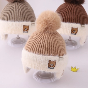 Kids Winter Knitted Earflap Hat Acrylic Warm Beanie Cartoon Bear Embroidery Pom Pom Windproof Outdoor Boys Girls