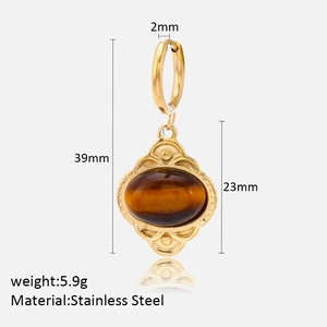 Detailed view of oval tiger eye stone earrings in gold stainless steel with dimensions