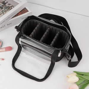 Macro shot of detachable divider structure in transparent PVC makeup organizer bag