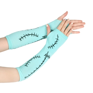 Mint green Sally cosplay arm warmers with black stitch print for Halloween costume
