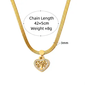 Golden snake chain jewelry set with tree of life heart pendant and crystal earrings