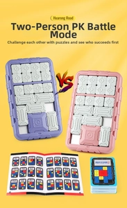 Detailed view of magnetic Huarong Road sliding puzzles with challenge cards and manual