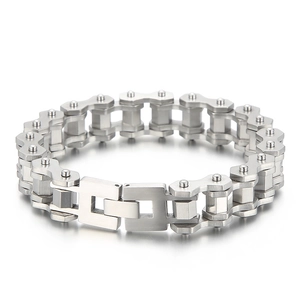 Industrial style stainless steel bike chain bracelet for men with polished silver finish
