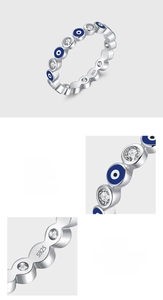 Detailed view of S925 sterling silver ring with blue evil eye enamel and white zircons