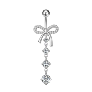 Silver belly button ring featuring a zircon butterfly design with dangling tassels