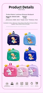 Detailed spec sheet of LED bunny and dinosaur hard shell backpacks for toddlers